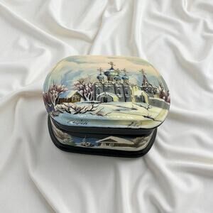 Vintage Russian Fedoskino Lacquerware Box Signed Hand Painted Winter Church 3"